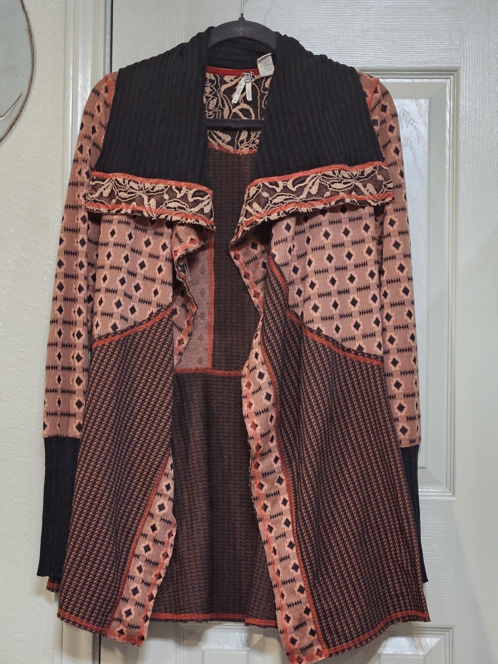 BKE Orange and Black Patterned Open Cardigan with Contrast Trim